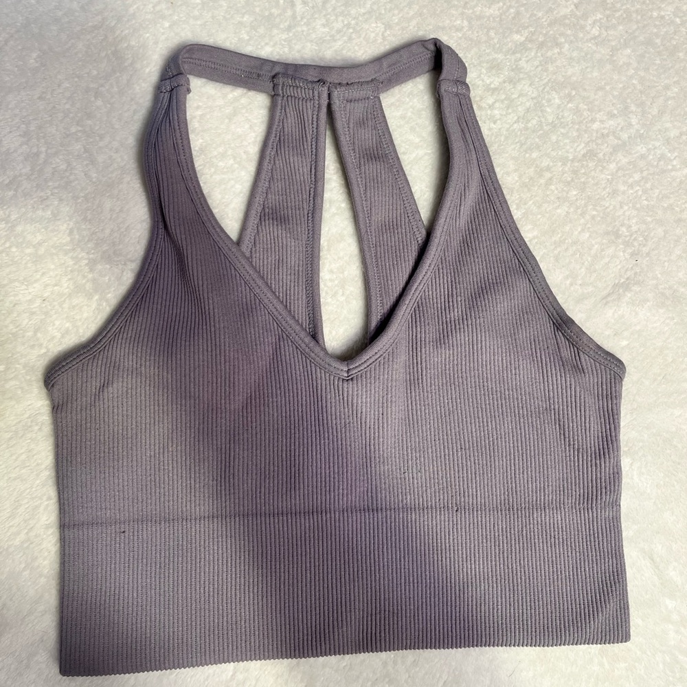 Yogalicious Ribbed Strappy Back Crop Tank Top Lavender Gray Women’s M
